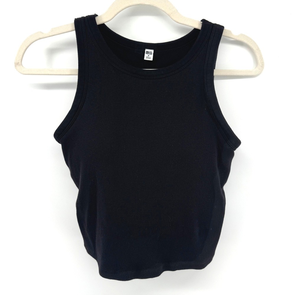 Uniqlo Ribbed Cropped Bra Tank Top Cotton Blend Black Sleeveless Med Modern
